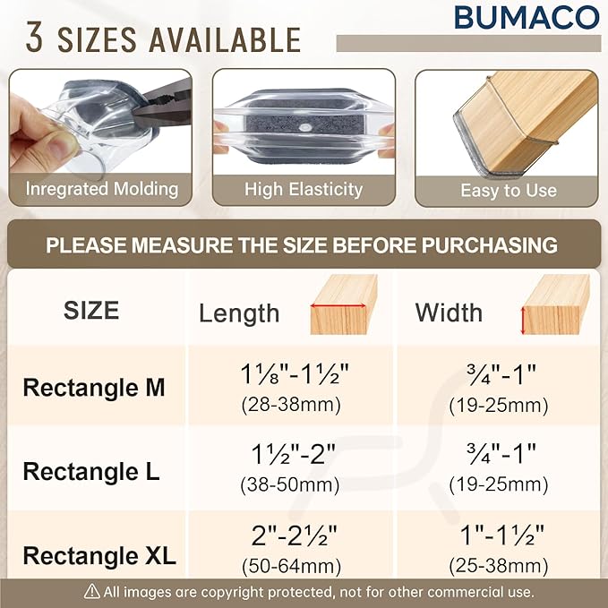 BUMACO Chair Leg Floor Protectors Rectangle Chair Leg Protectors for Hardwood Floors Silicone Pads Covers to Protect Floors(Clear-40 Pcs, Rectangle M Fit (Perimeter: 3-3/4"~4-7/8")