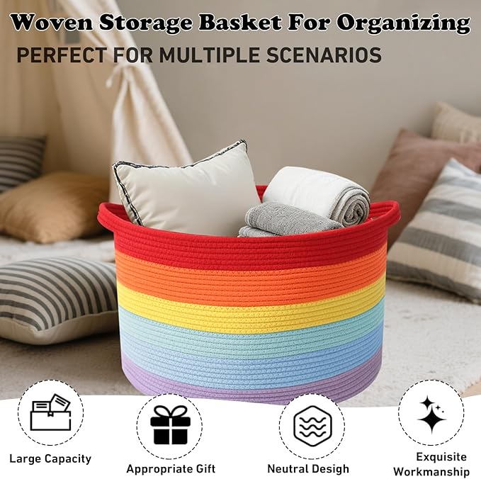 Large Storage Basket with Handle,19.7" L x 19.7" W x 13" H Blanket Basket Storage Bins for Organizing,65L Cotton Rope Woven Baskets for Living Room, Nursery ,Bedroom,Rainbow