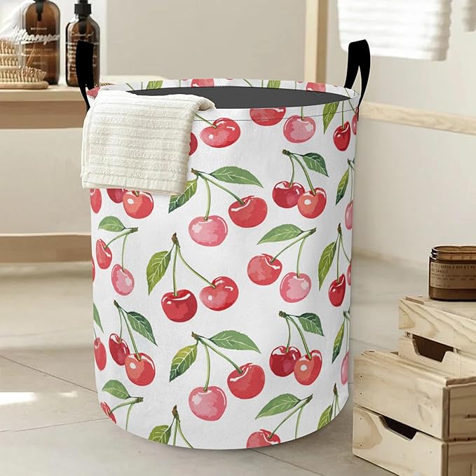Cute Cherry Laundry Hamper Large Canvas Fabric Lightweight Storage Basket/Dirty Clothes Collapsible Waterproof for College Dorms, Boys and Girls Bedroom,Bathroom