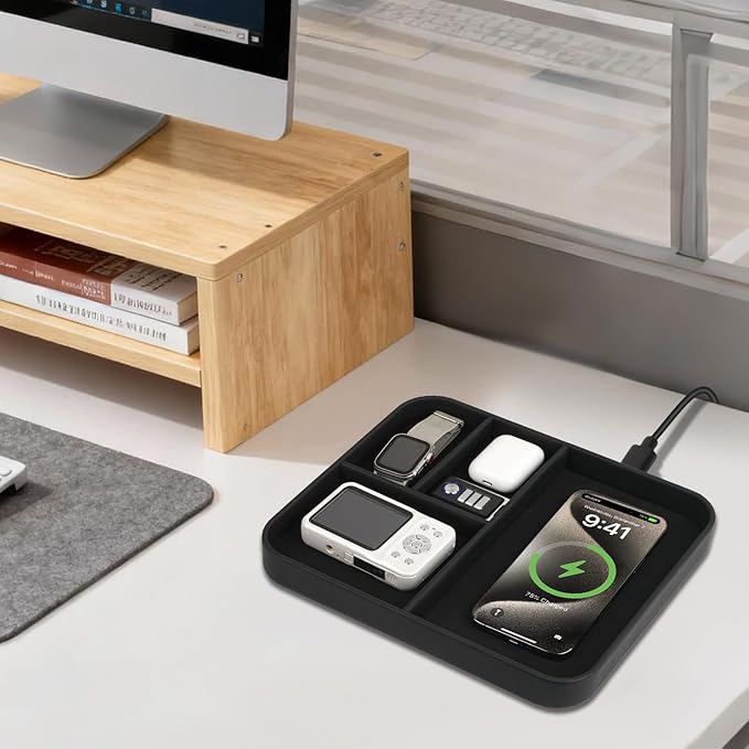 Birthday Gifts Bedside Organiser-Faux Leather Valet Tray With Wireless Charger For Phone And Earbuds,Nightstand Organizer,Mens Jewelry Box,Office Desk Organizers