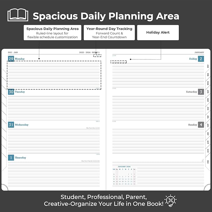 Planner 2026 Daily Weekly and Monthly,11.5"x8.5",12 Months Spiral Bound Calendar Agenda with Self-adhesive Pen Holder,2026 Appointment Book with Vegan Leather Soft Cover,Black