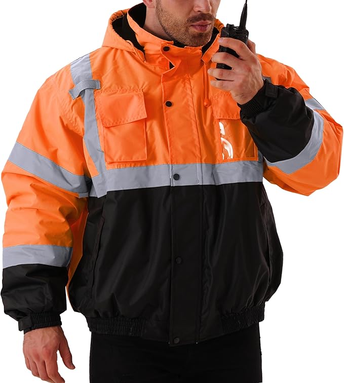 Hi Vis Safety Jackets for Men Waterproof Class 3 Reflective Construction Jacket for Winter Bomber Jacket