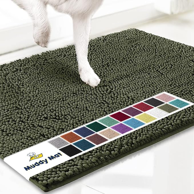 Muddy Mat® AS-SEEN-ON-TV Highly Absorbent Microfiber Door Mat and Pet Rug, Non Slip Thick Washable Area and Bath Mat Soft Chenille for Kitchen Bedroom Indoor and Outdoor - Army Green 24" x 96"