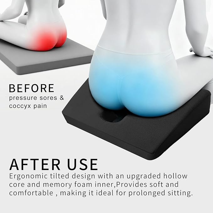 Gel Wheelchair Seat Cushion,Bed Sore Cushions for Butt,Office Chair Pressure Sore cushion,Memory Foam Pillow for bed,Pressure Ulcer Pain Relief,Relieve Sciatica,Coccyx,Washable Cover/Set Black