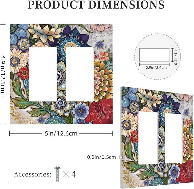 Boho Floral Colorful Floral Multi Color Flower Decorative Outlet Covers 2 Gang Double GFCI Rocker Electrical Wall Panels Light Switch Cover Plate for Bedroom Living Room Home Decor