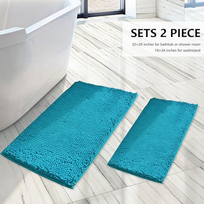 BOANKODU Bathroom Rugs Sets 2 Piece, Extra Soft Chenille Bath Mat Absorbent Bathroom Rug, Bathroom Mat with Non-Slip Bottom, Machine Washable Bath Rugs (32x20 Inch + 24x16 Inch, Turquoise)