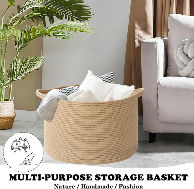 Large Storage Basket with Handle,19.7" L x 19.7" W x 13" H Blanket Basket Storage Bins for Organizing,65L Cotton Rope Woven Baskets for Living Room, Nursery ,Bedroom,Camel