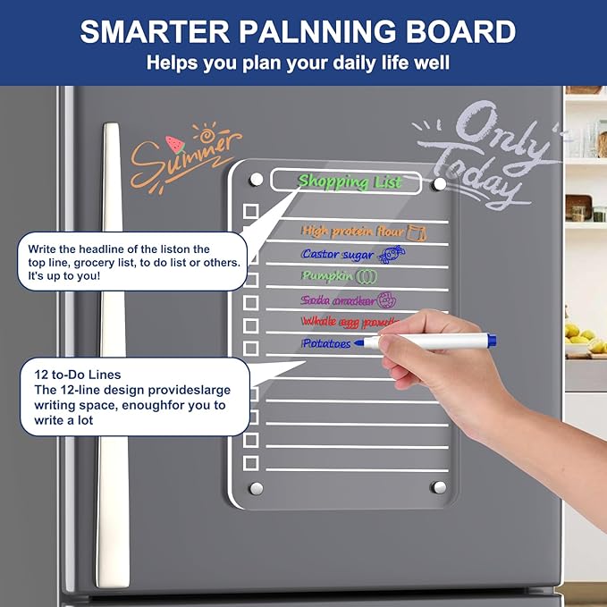 2 Pcs Acrylic Magnetic Dry Erase Board for Fridge, 12"X8" Clear Magnetic to Do List White Board, Acrylic Dry Erase to Do List for Refrigerator, Magnet Whiteboard with 6 Markers