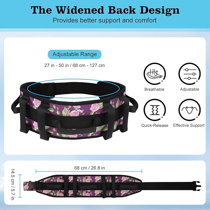 supregear Gait Belt - Anti-Slip Transfer Aid with 7 Handles and Quick-Release Buckle, Perfect for Senior Care, Floral Purple