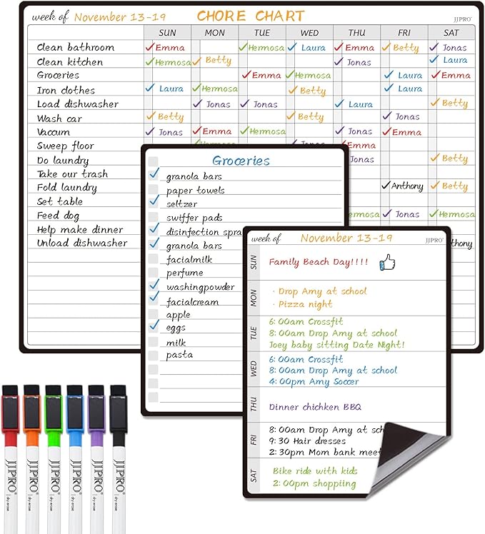 JJPRO Magnetic Dry Erase Chore Chart for Adults-Family Chore Chart for Fridge,Chore Whiteboard for Teenagers with 6 Markers