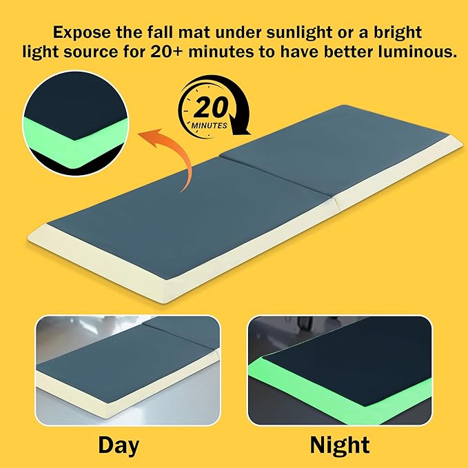 MABOZOO Fall Mat for Elderly with Glow-in-The-Dark Strips, 66"x24"x2" PU Leather Fall Mattress with Beveled Edge, Bi-Fold Bedside Safety Protection Mat for Patients, Seniors, Caregivers