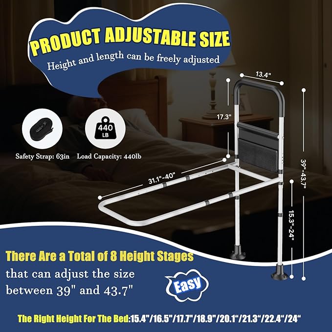 Bed Rails for Elderly Adults Safety,ASTM Approved Adjustable Bed Assist Rails For Seniors,Anti-Slip Ergonomic Handle,440lb Weight Capacity,Comes with storage bag,Night sensor light & Bed Ladder Assist