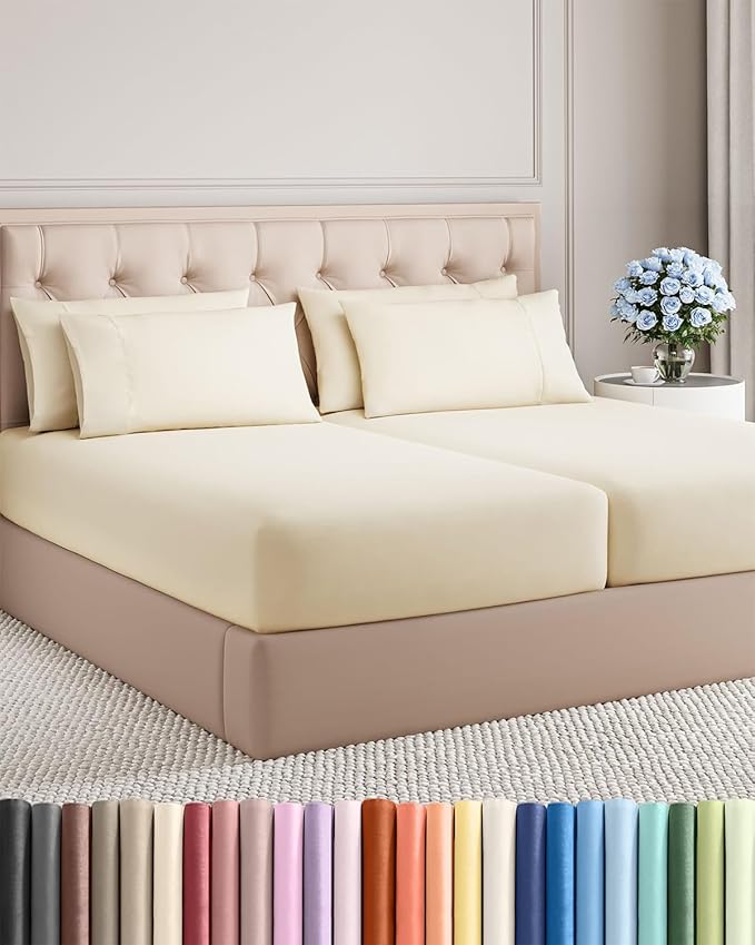 Split King 7 Piece Sheet Set - Cooling & Breathable Bed Sheets - Hotel Luxury Bed Sheets for Women, Men, Kids & Teens - Deep Pockets - Easy Fit - Soft and Wrinkle Free - Split King Off White Sheets