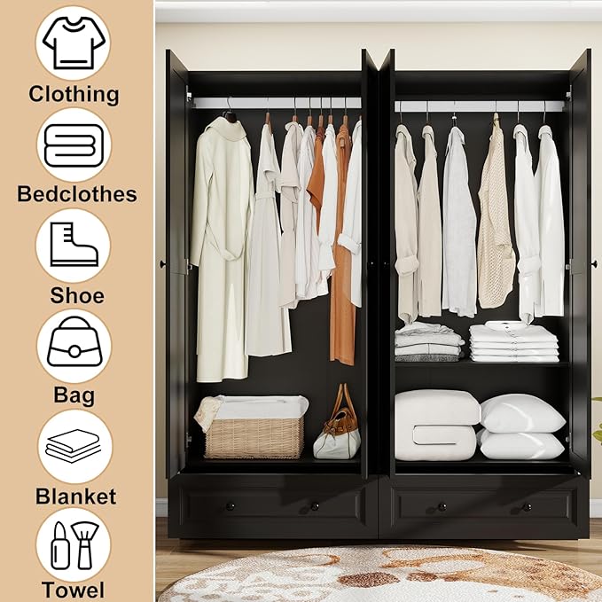 Armoire Wardrobe Closet with Drawers: 74" Black Tall Wooden Wardrobe Closet for Hanging Clothes, Large Bedroom Armoires with 2 Drawers, 4 Door Armoire Storage Cabinet (Black, 63")