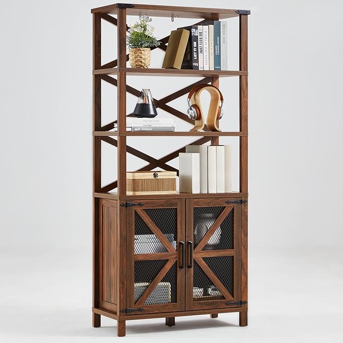 5 Tier Bookshelf 70" Tall Bookcase with Barn Doors,Large Farmhouse Display Book Shelf with Adjustable Shelves and Storage Cabinet，Library Wood Bookshelves for Living Room,Kitchen,Brown(3PCS)