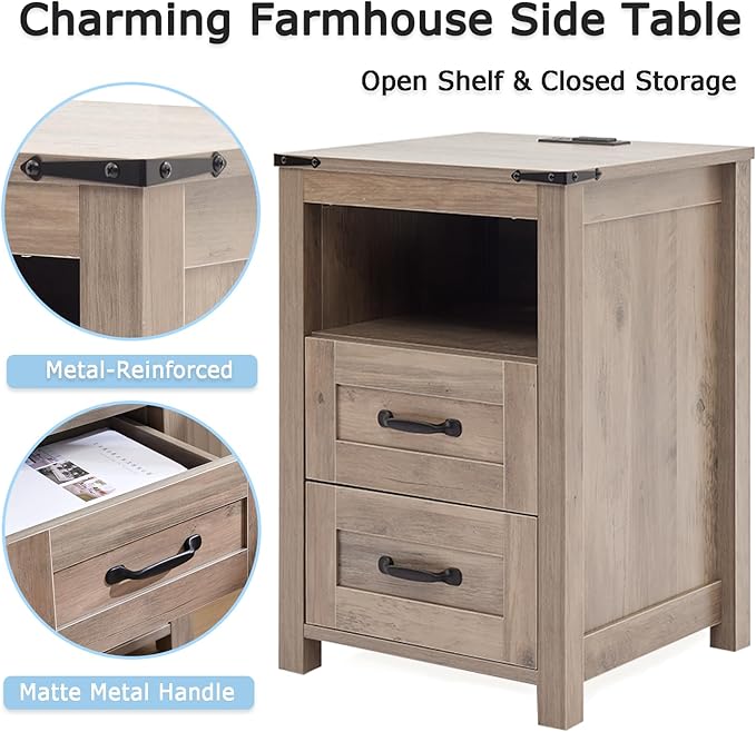 Sierra Night Stand, Rustic End Table with Charging Station, Farmhouse Tall Nightstand for Bedroom, Drawer Dresser Bedside Table with Open Storage Shelf