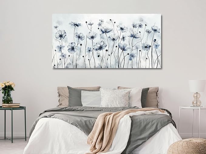 VEAEE Framed Flowers Canvas Wall Art - Indigo Floral Canvas Pictures, Living Room Wall Decor, Botanical Canvas Prints Painting Abstract Artwork Bedroom Office Home Decor 29"x58"