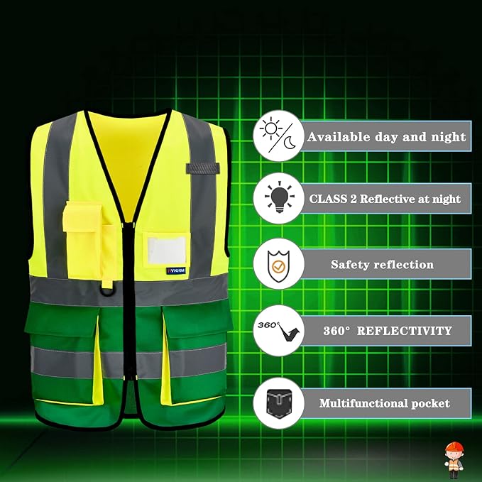 A-SAFETY High Visibility Safety Reflective Vest with Pockets and Zipper,Hi Viz Work Vest for Men Women (Yellow&Green Small)
