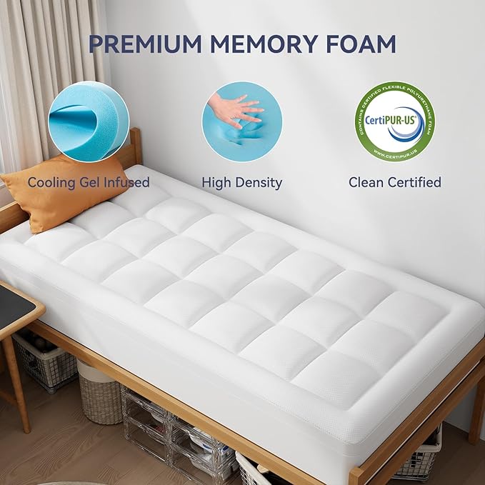ELEMUSE 3 Inch Cooling Memory Foam Mattress Topper Twin XL, College Dorm Room Essentials, 2 Inch Pressure-Relief Memory Foam and 1 Inch Thick Soft Viscose Made from Bamboo Pillow Top for Hot Sleepers