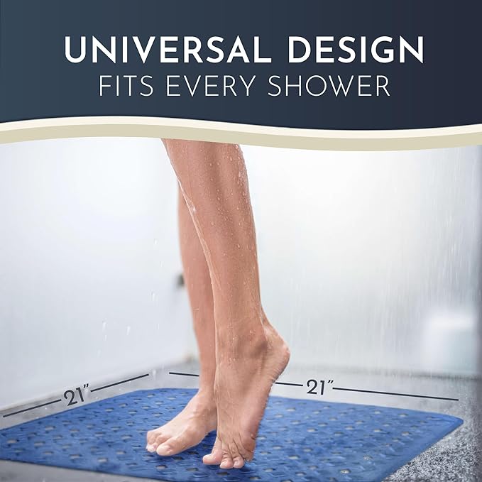 homerella® Shower Mat Non Slip Anti Mold, Non Slip Shower Mats for Inside Shower Stall Anti Slip Mat, Square Shower Floor Mat 21 x 21 in with Suction Cups & Hooks for Quick Drying, Machine Washable