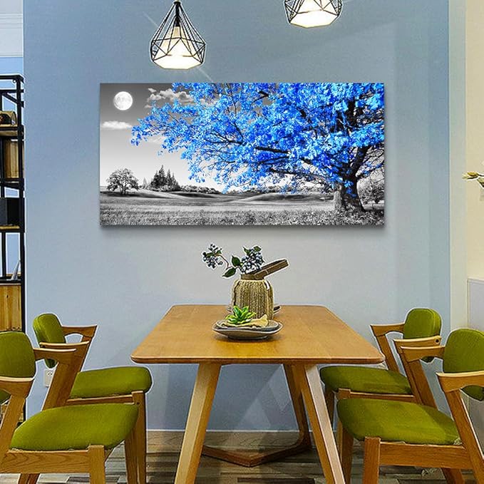 Lapremoly Canvas Prints Wall Art For Living Room Large Wall Decor For Bedroom Blue Tree Landscape Abstract Painting Office Wall Decoration Black and White Picture Modern Ready To Hang Home Wall Art