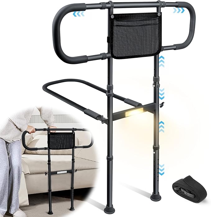 AMOVO Bed Rails for Elderly Adults Safety Bed Guard Rails for Seniors Extended Handle Bed Assist Rail with Sensor Light Storage Pouch, Stable Bedside Cane Support Bar Grab, Fit King Queen Full Twin