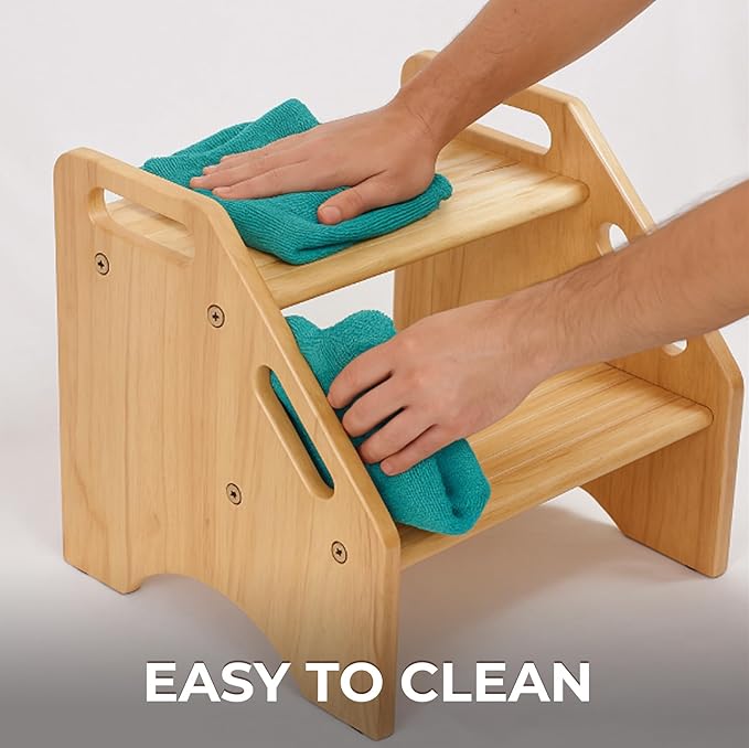 Wooden Step Stool for Toddlers and Adults, 300 lbs Capacity, Two Tier Bathroom Stool with Handles, Lightweight Non-Slip Pads, for Toilet, Sink or Kitchen Use