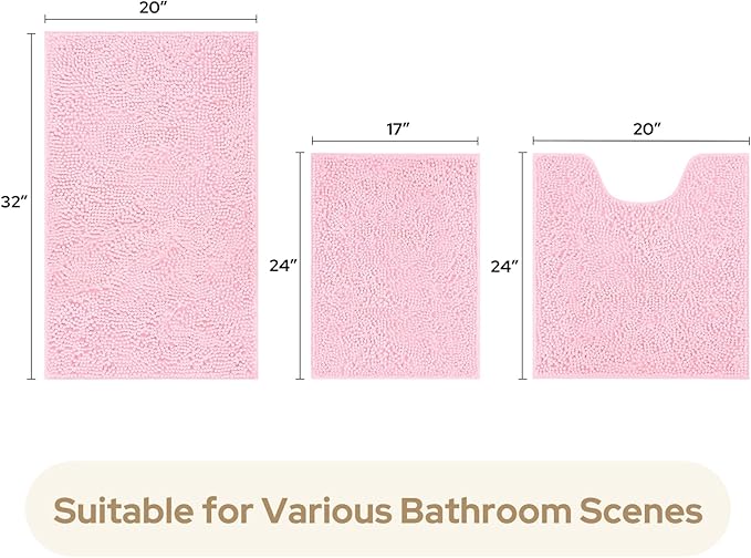 HOMEIDEAS 3 Pieces Bathroom Rugs, Ultra Soft Non Slip Absorbent Chenille Toilet Bath Mat Set (Light Pink)