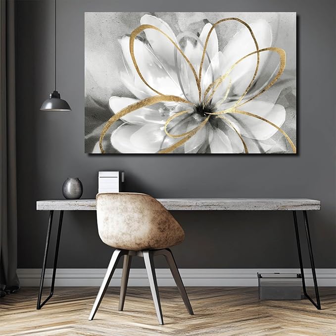 SOUGUAN White Floral Wall Decor Grey Background Modern Painting Wall Art 24"x36" Neutral Artwork Paintings for Bedroom Kitchen Pictures