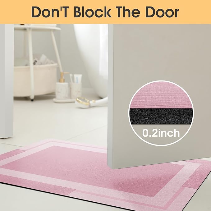 Ultra Thin Bath Mat, Upgrade Backing Non Slip Thin Bath Mats Fit Under Door, Quick Dry Ultra Absorbent Bathroom Rugs, Machine Washable Bath Rugs for Bathroom, Bathtub & Kitchen, Pink/Bordered/24"x17"