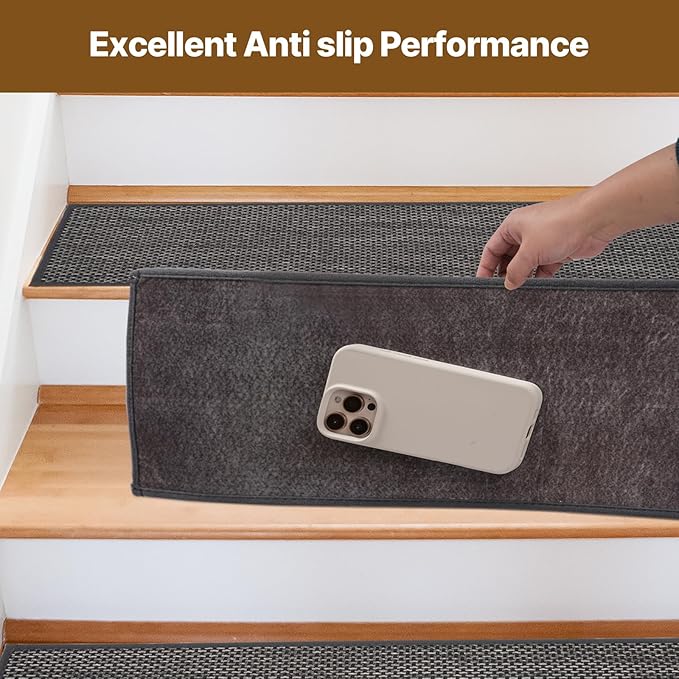 Non Slip Stair Treads for Wooden Stairs, 8" x 30" Staircase Step Treads, 100% Linen, Reusable Adhesive, Indoor, for Kids, Seniors & Dogs (Black, 15pcs)