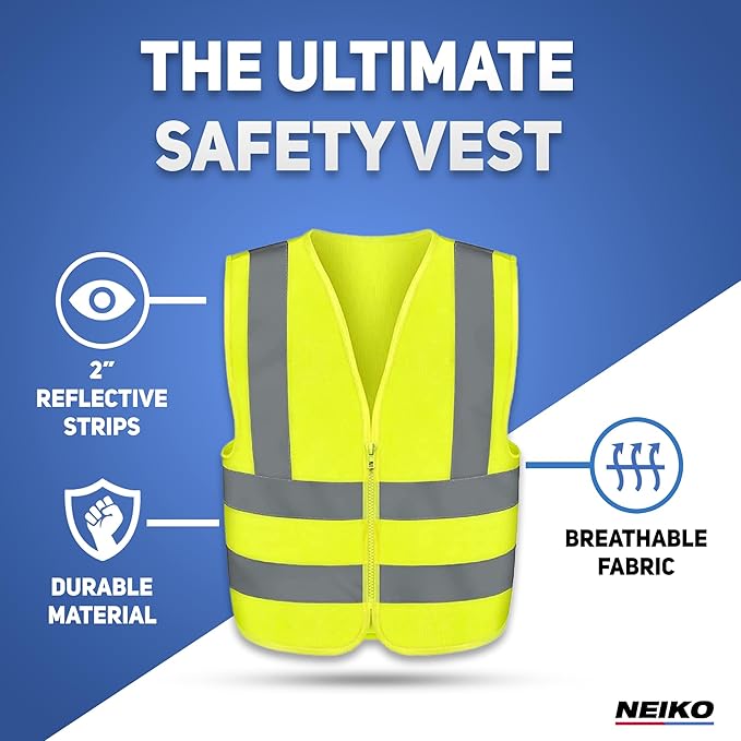 Neiko High Visibility Safety Vest ANSI Class 2, No Pocket, Neon Yellow, Medium (M)