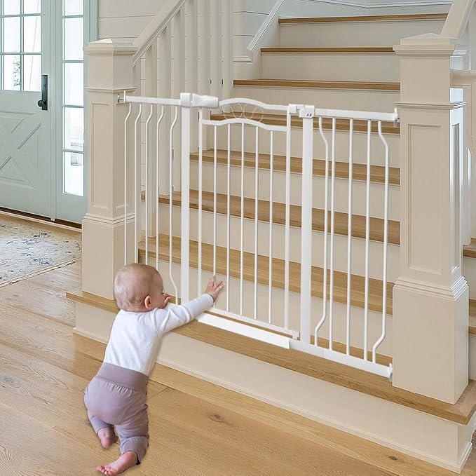 Fairy Baby Extra Wide Pet Dog Gate, Adjustable 29.5"-33.8" Wide Pressure Mounted Baby Gate Indoor for Stairs Doorways, Safety Child Gate Metal Auto Close Walk Thru Toddler Gate for Doggy Kids, White