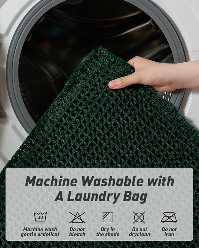AMOAMI Upgraded Waffle Bath Mat, Super Absorbent Non Slip Bath Mats for Bathroom Floor, Machine Washable Bathroom Rugs with Tassels, Rubber Backed Bathroom Mats, Ultra Soft, 24" x 36", Dark Green