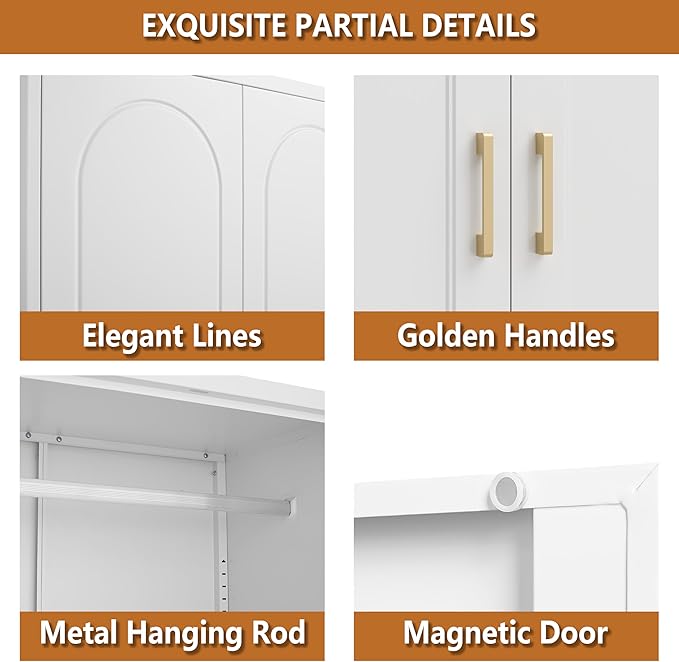 Metal Armoire Wardrobe Closet for Hanging Clothes, 71" Tall Wardrobe Cabinet with Hanging Rod, Large Freestanding Wardrobes Closet with Doors and Shelves for Bedroom, Office, Gym, School, White