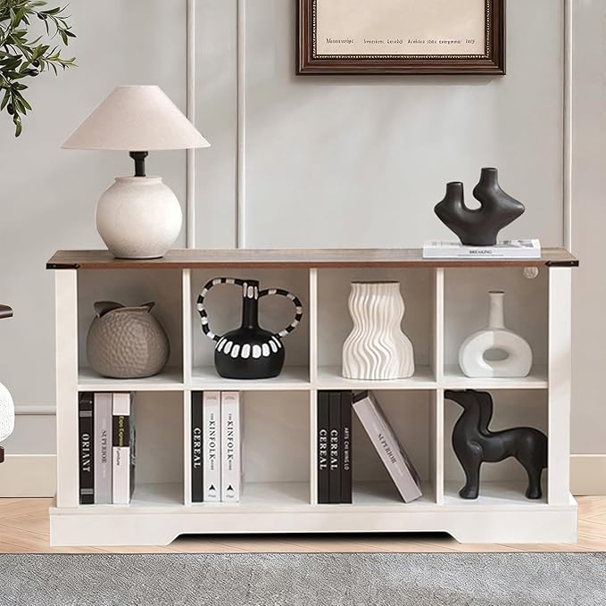 8 Cube Bookcase, Wooden Cube Storage Organizer Shelf, White Horizontal Book Shelf with LED Lights, Freestanding Display Cabinet for Living Room, Hallway TV Stand for Entryway