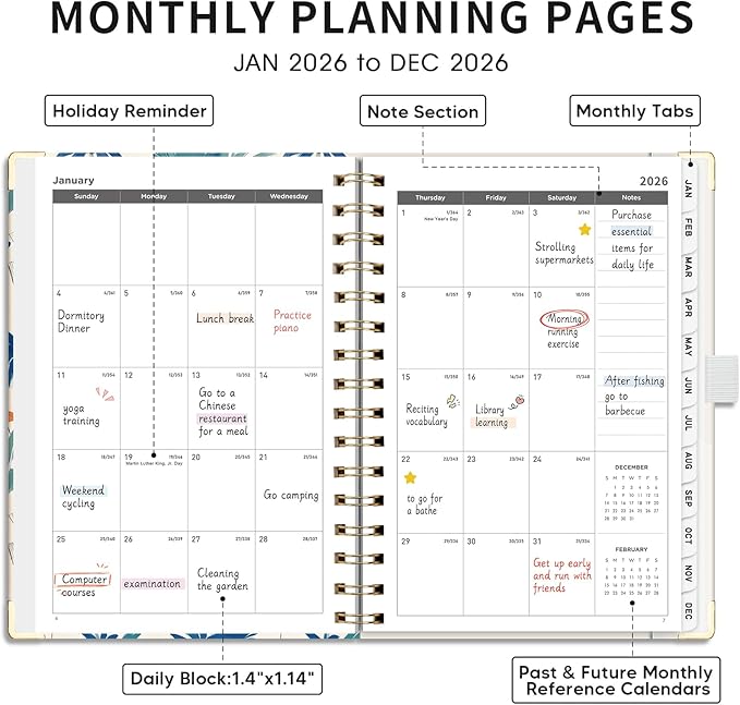 AHGXG 2026 Planner, Weekly and Monthly Planner for Women, Jan 2026 - Dec 2026, Medium Size (5.7" x 8.3"), Calendar 2026, Hardcover with Monthly Tabs, Spiral-Bound, 100 GSM Thick Paper, Blue-Beach