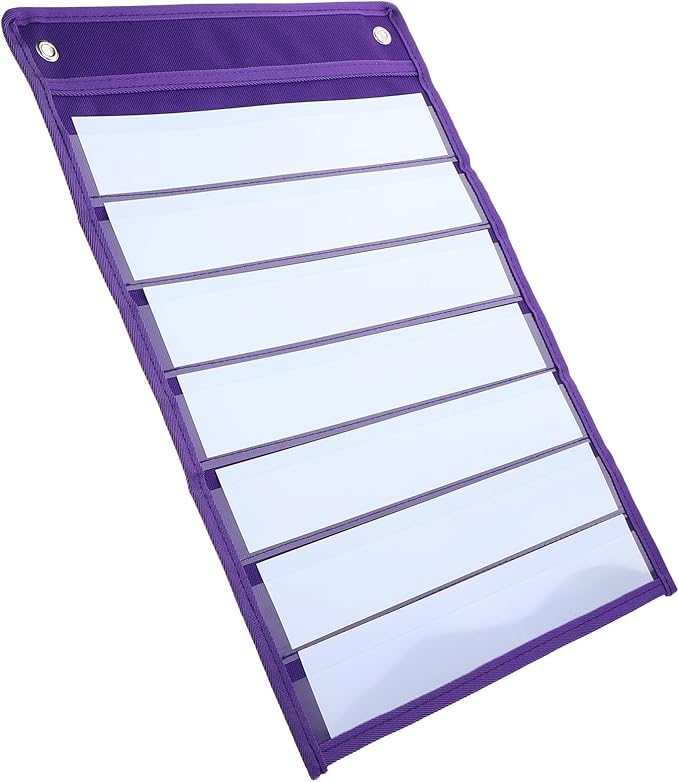 Hanging Pocket Chart Organizer Pouch Polyester Iron Material 10 Dry Erase Cards for Classroom, Wall or Door, Schedule Memo Note Storage Bag Purple