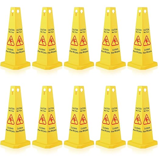 Floor Safety Cone Yellow Caution Wet Floor Sign 4 Sided Wet Cone Sign Public Caution Yellow Avoid Fall Slip Accident for Indoors and Outdoors(10 Pieces)