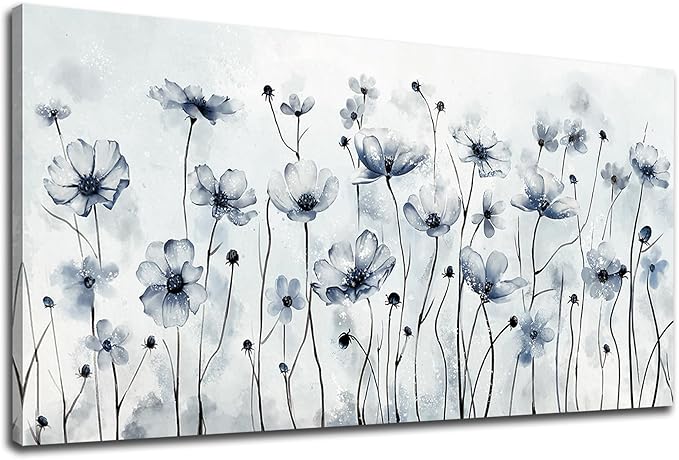 VEAEE Framed Flowers Canvas Wall Art - Indigo Floral Canvas Pictures, Living Room Wall Decor, Botanical Canvas Prints Painting Abstract Artwork Bedroom Office Home Decor 24"x 48"
