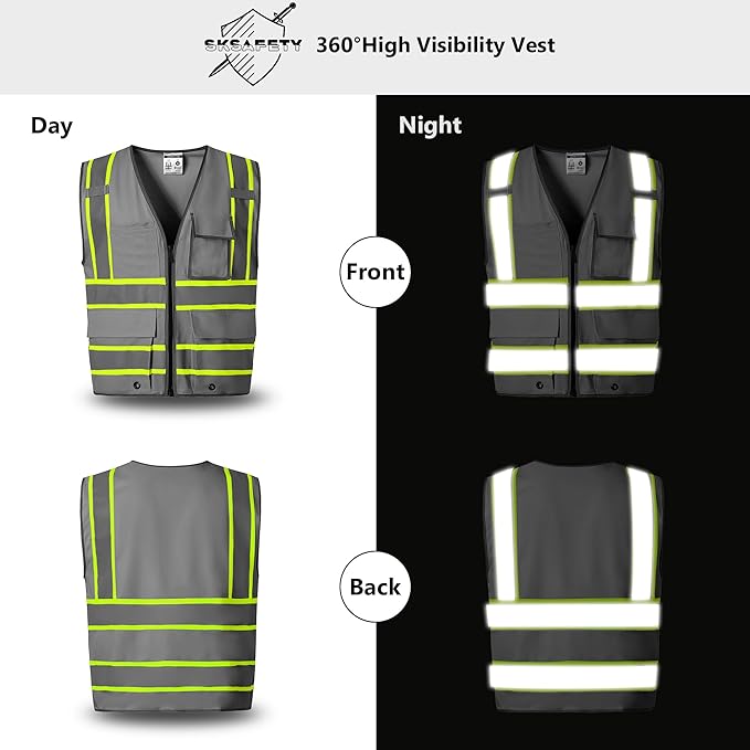 SKSAFETY 10 Pockets Safety Vest, Class 2 High Visibility Security with Zipper, Hi Vis Vest with Reflective Strips, ANSI/ISEA Standard, Construction Work Vest for Men ＆ Women （Grey,3XL）