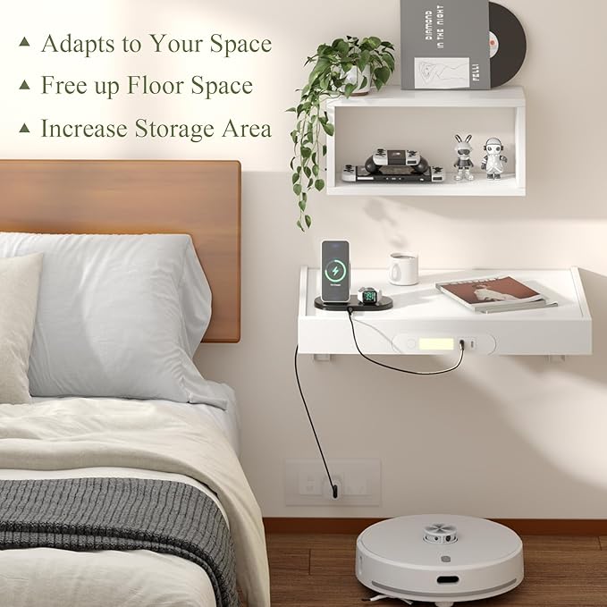 TEAMIX Floating Nightstand with Charging Station, Wall Mounted Folding Bedside Shelf Combo Wood Nightstand with Led Light USB Type C Ports, Bed Side Storage Tray Caddy for Bedroom, Living Room, Dorm