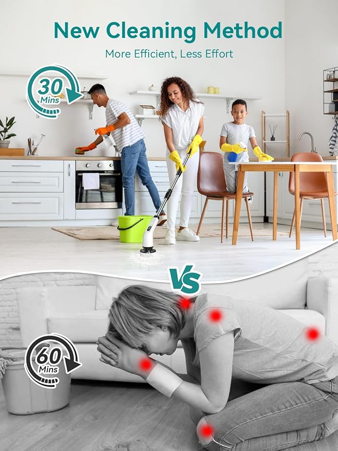 3-Speed Electric Spin Scrubber for Bathroom, 120Mins Runtime, Cordless Power Cleaning Brush with 8 Brush Heads, 3000mAh Shower Scrubber with Long Handle, Floor Scrubber, Grout Brush Bathtub Cleaning