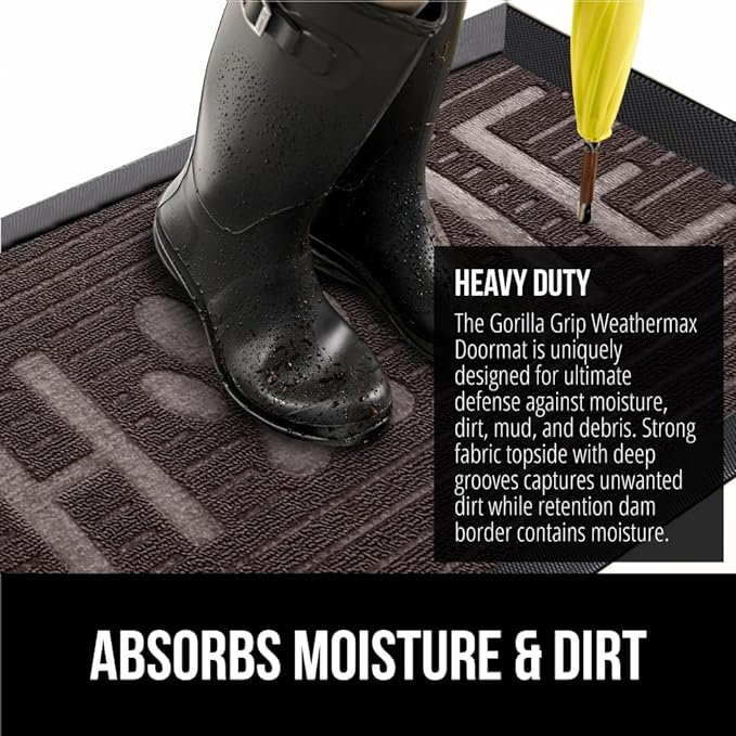 GORILLA GRIP 100% Waterproof All-Season WeatherMax Doormat 35x23, US Designed Natural Rubber, Stain and Fade Resistant, Low Profile Indoor Outdoor Door Mats, Easy Clean Patio Mat, Espresso Home Paw