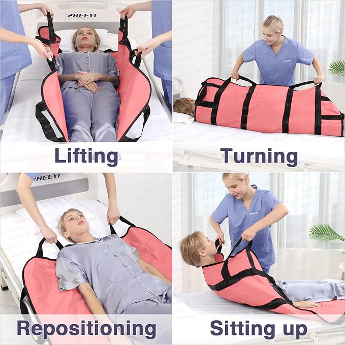 Multipurpose 43" x 36" Positioning Bed Pad with Reinforced Handles - Reusable & Washable Transfer Sheet for Turning, Lifting & Repositioning - Double-Sided Nylon Fabric, Pink