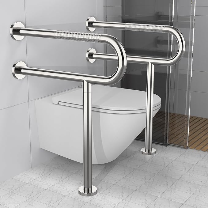 Toilet Support Rail 23.4X 28 Inch, Munzong Anti-Slip Chrome Handicap Grab Bar for Bathroom, Stainless Steel Knurled Safety handrails with Leg for Elderly Disabled Pregnant-1.25’Tube