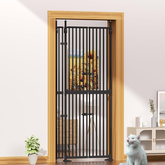 74.8"-90.5" Extra Tall Cat Gate for Doorway, Auto‑Close, No‑Drill Pressure‑Mount with 3 Support Pillars & Double‑Door, Fits 30.3–38.2″ Openings, 1.37″ Narrow Gap, Extension Kit Included, Black