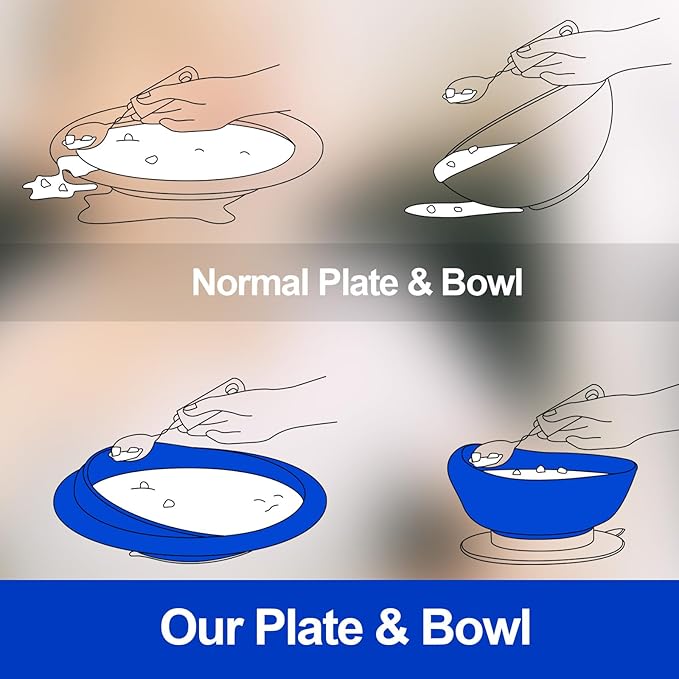 Hushee Adaptive Spill Proof Scoop Bowl and Plate Set with Suction Base Non Skid Self Feed Dinnerware for Elderly Disabled Handicapped from Parkinsons, Dementia, Stroke, Tremor(3 Sets,Blue)