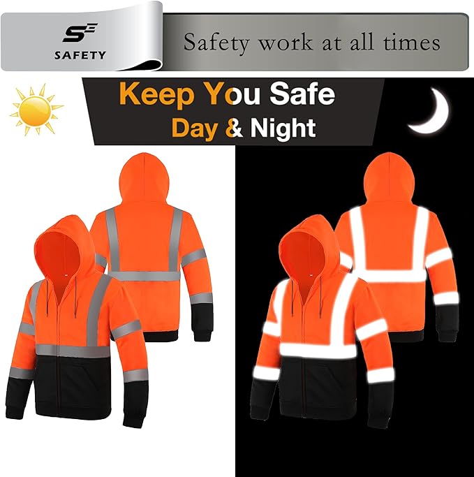 sesafety High Visibility Safety Sweatshirt for Men, Class 3 Reflective Zippered Hooded Sweatshirt, Hi-Vis Safety Hoodie with Black Bottom
