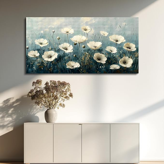 FUHAIHUA Canvas Wall Art For Living Room Large Wall Decor For Office Bedroom Decorations White Flowers Landscape Pictures Modern Wall Paintings Aesthetics Posters Home Decor Ready To Hang 30x60 In